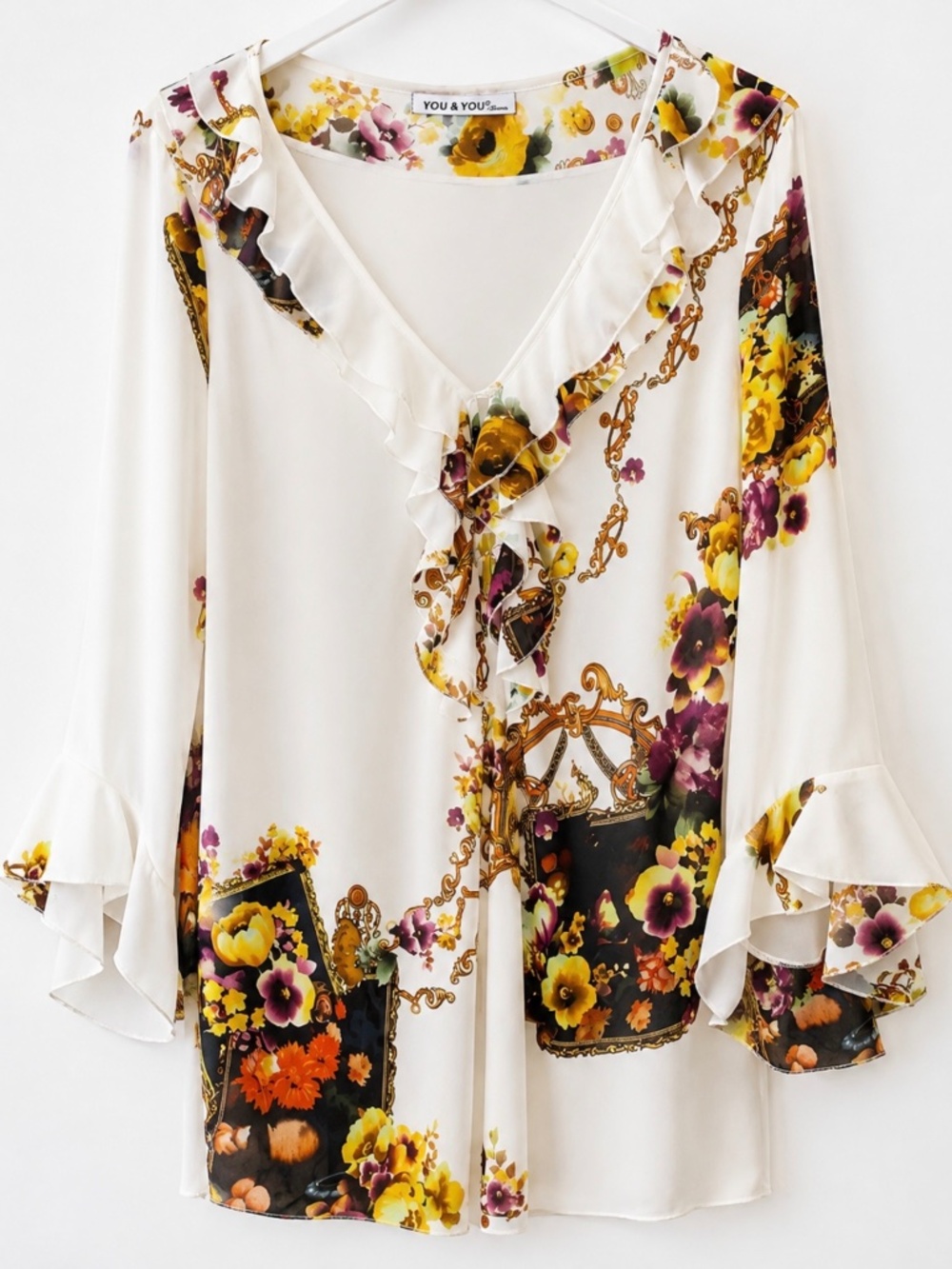YOU & YOU Jeans WomenM Floral Ruffle Blouse Sheer Boho Baroque Bell Sleeve NWOT